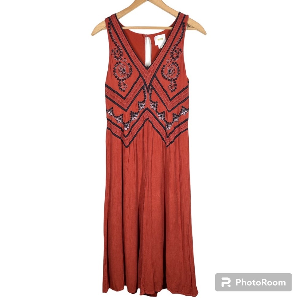 Anthropologie Maeve Desert Embroidered Jumpsuit Burnt Orange Red Wide Leg Size 2 - Picture 2 of 11
